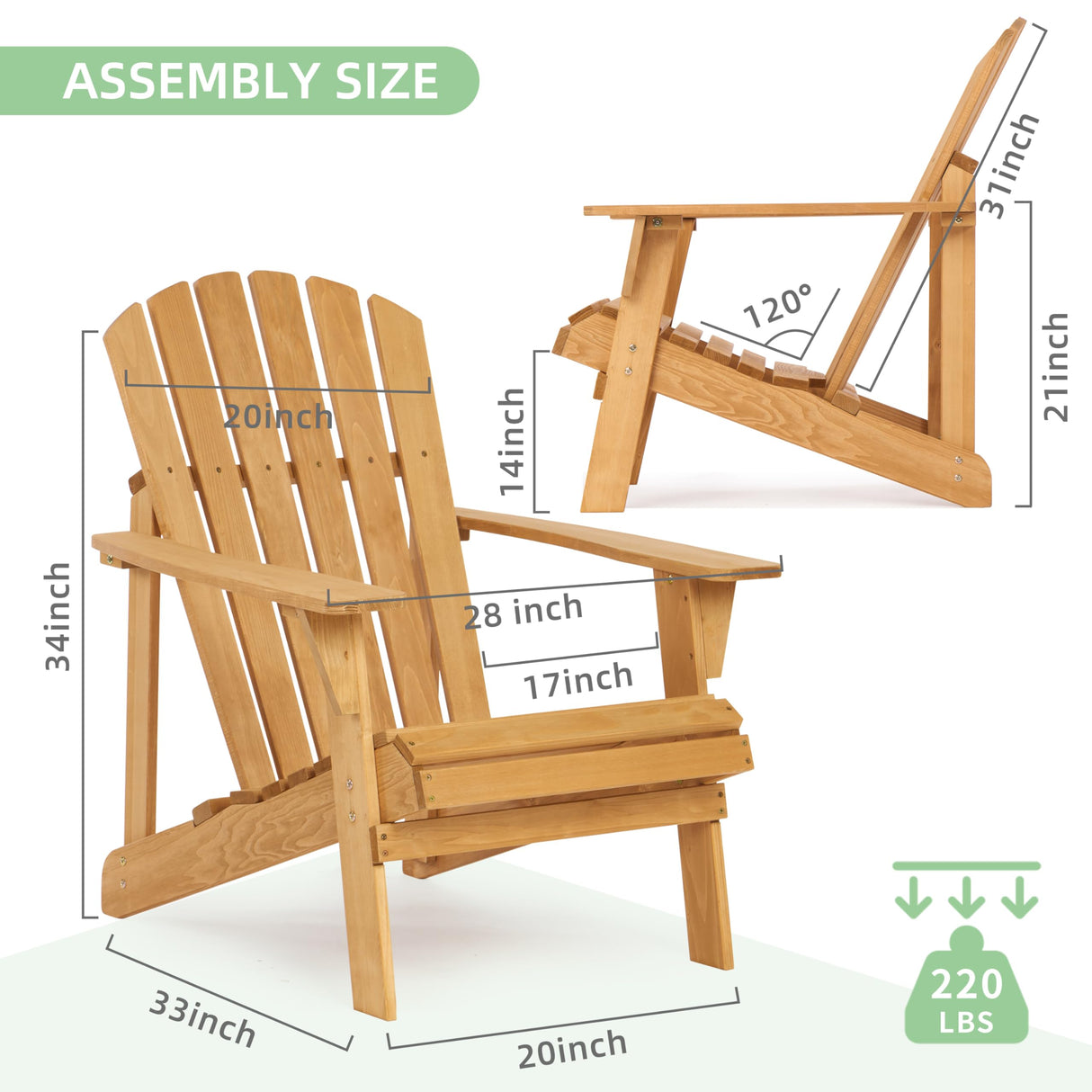 SoliWood Wooden Outdoor Adirondack Chair with Pre-Assembled BackRest, Patio Chair for Garden Backyard Lawn Deck Pool Beach Firepit SoliWood