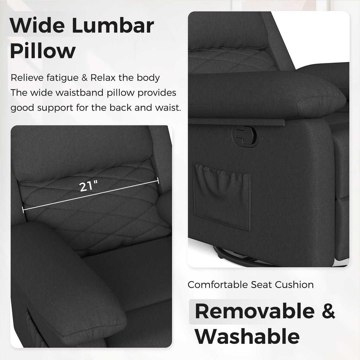 Glider Recliner for Adult Indoor Upholstered Lounge Nursery Chair Swivel Single Sofa with Side Pockets for Living Room Bedroom(Black) Amopatio