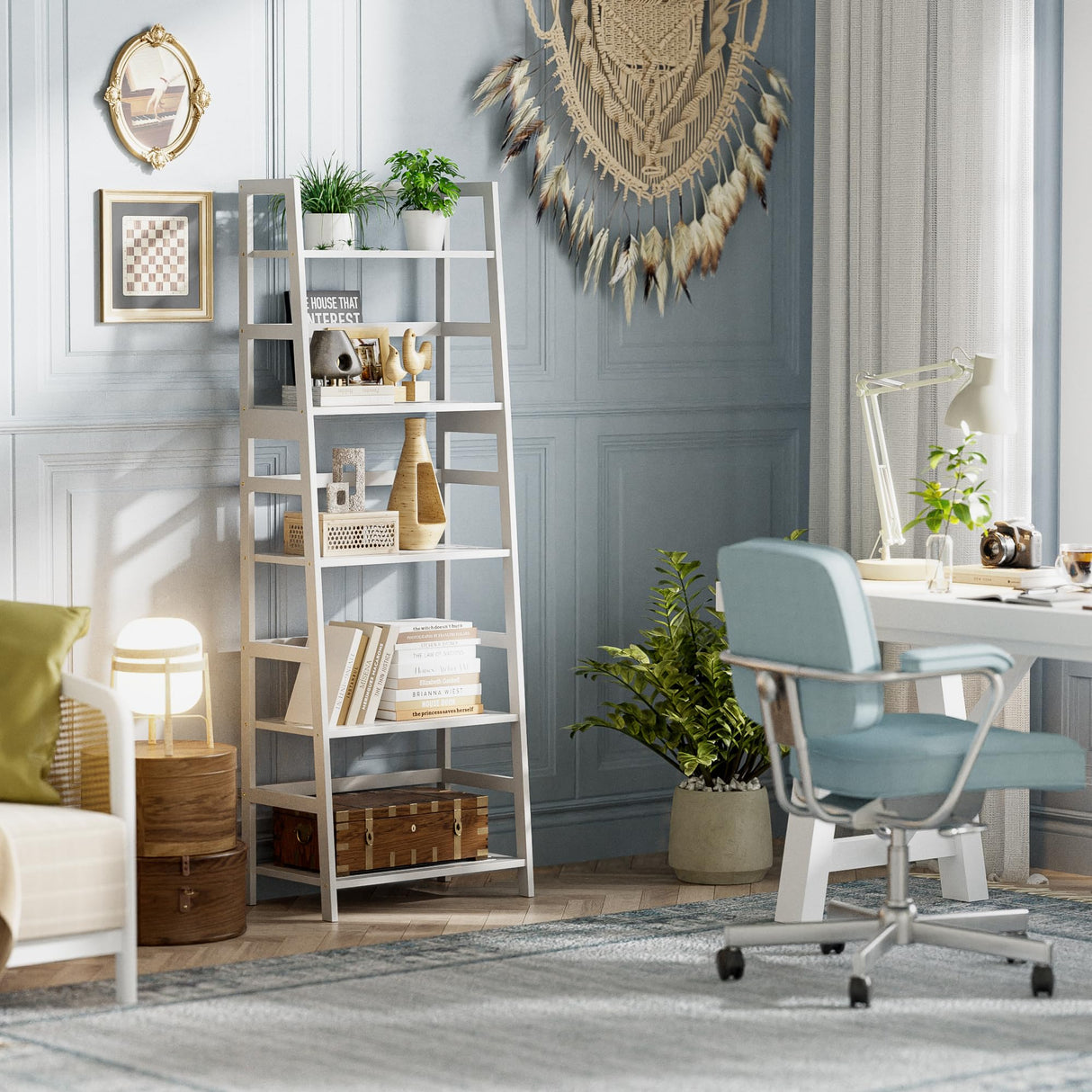 vovala Ladder Shelf, 5-Tier Bookshelf, All Bamboo Heavy Duty Bookcase, Freestanding Open Wood Storage Rack, Modern Corner Display Plant Stand for Living Room, Home Office, Bathroom, Bedroom, White vovala