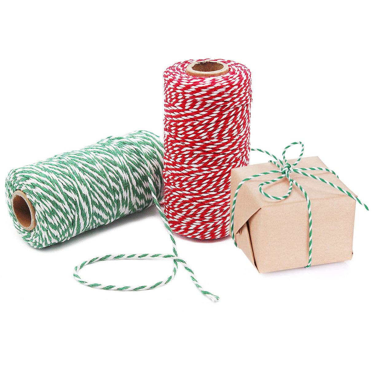Benvo Pack of 2 Green White Cotton Twine and Red White Packing String Christmas Xmas Twine Rope Ribbon Cord for Baking, Butchers, DIY Crafts Wrapping Ornaments Hanging 656 ft Long Benvo