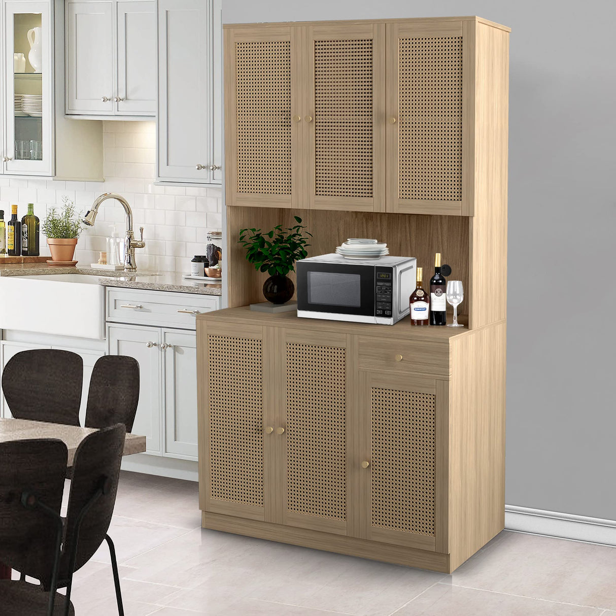 Wirrtory 71” Walnut Rattan Freestanding Kitchen Pantry Cabinet with 6 Doors and Drawer wirrytor
