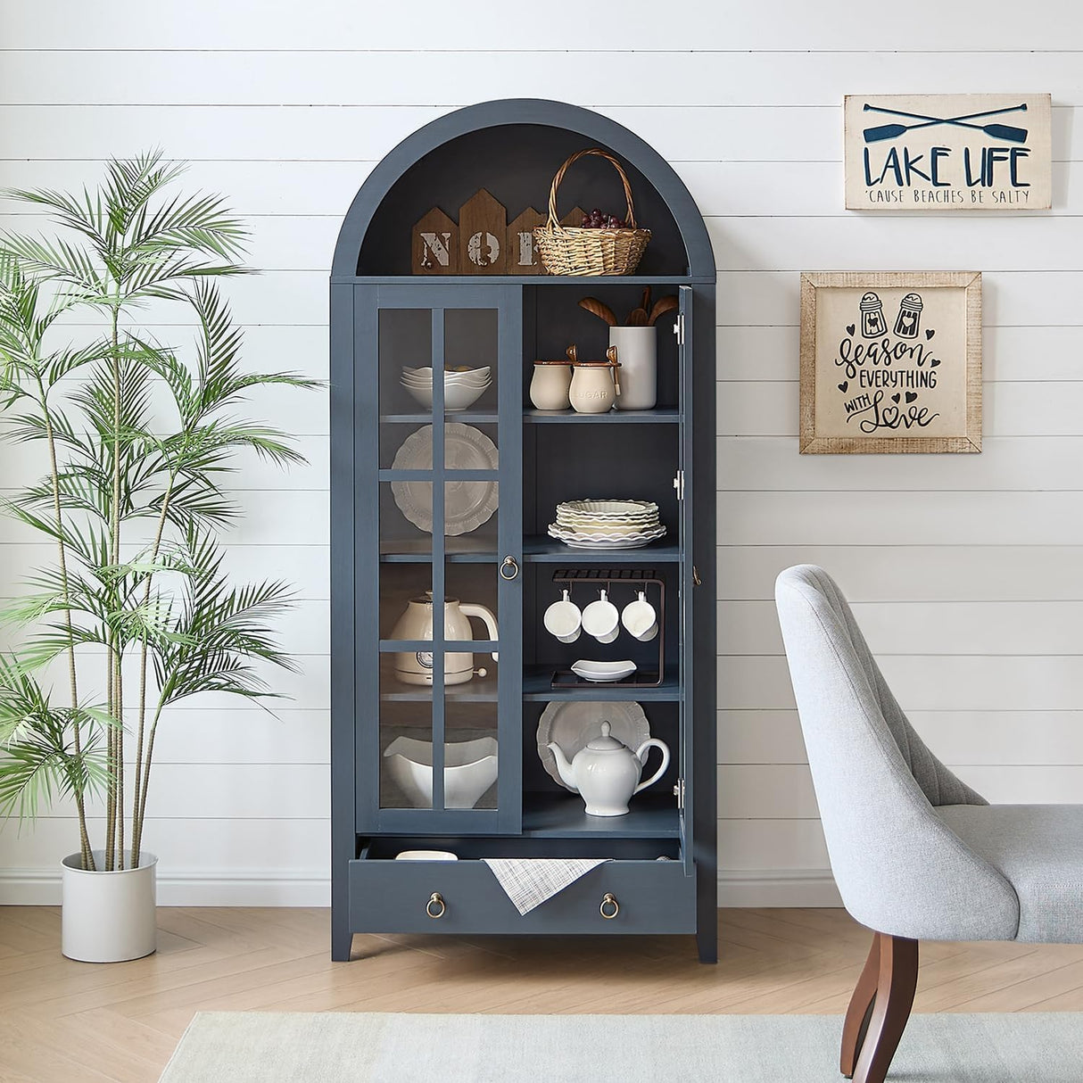 RowyPoey Farmhouse Arched Cabinet with Glass Doors, Wood Display Cabinet with Drawer and Adjustable Shelves, 71” Tall Bookshelf Modern China Storage Kitchen Pantry for Living Room,Office (Navy Blue) RowyPoey