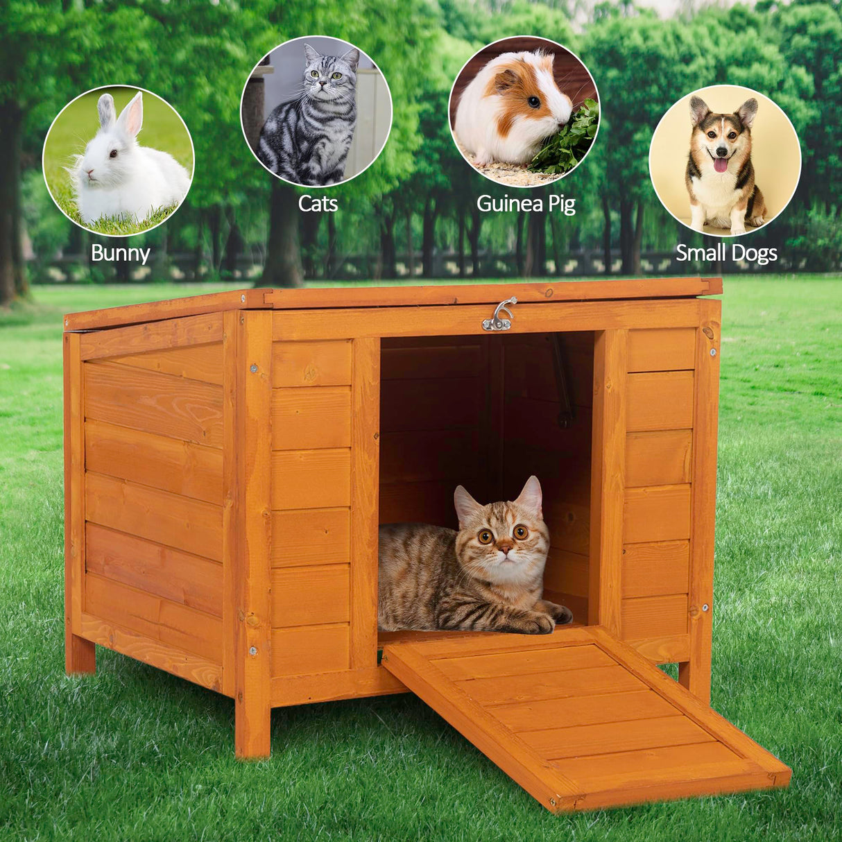 Small Wood Rabbit Hutch Bunny Cage, Raised Cat House with Ladder for Small Animals, Orange ANNECOSK