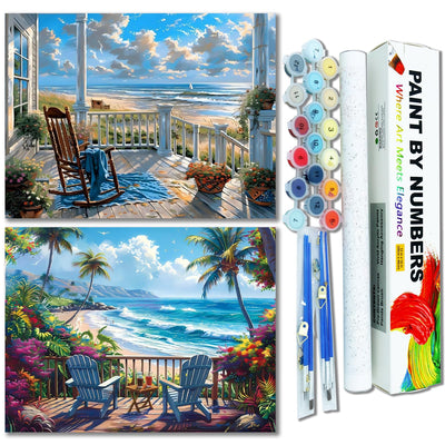 2 Pack Paint by Numbers Kit for Adults, Beach Paint by Numbers for Adults, DIY Adult Painting by Numbers Beginners on Canvas Acrylic for Home Wall Art Decor 12x16Inch (Rolled Package)