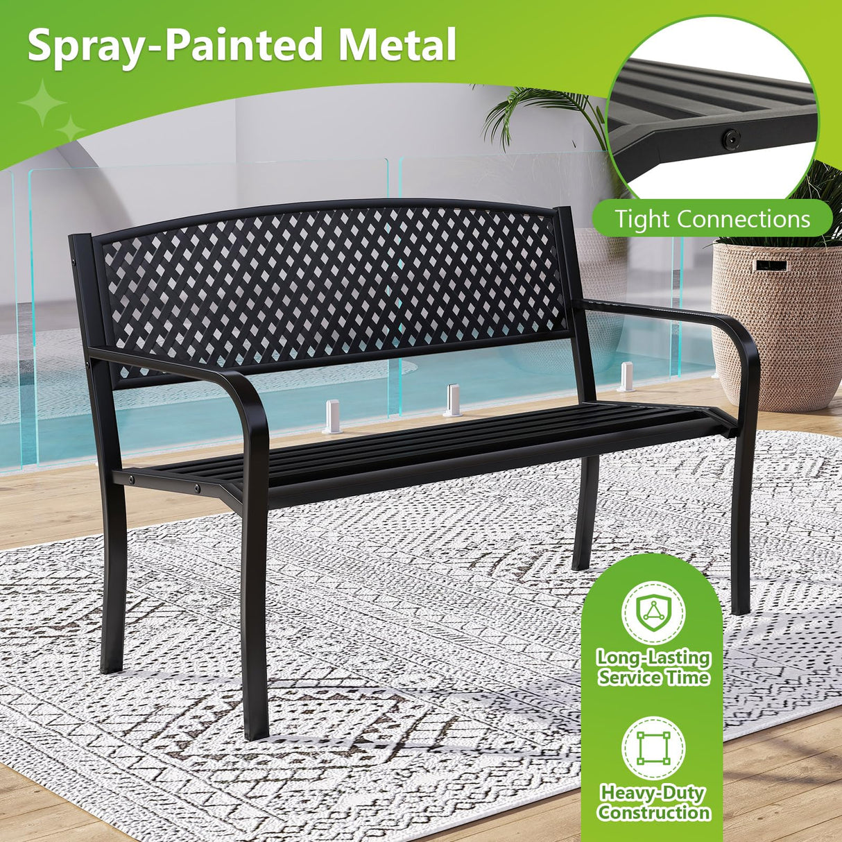 Tangkula Metal Outdoor Park Bench, 50 Inches Garden Bench with Patterned Backrest and Curved Armrests, 2-3-Person Patio Bench, Outside Heavy-Duty Metal Loveseat Chair for Porch, Lawn, Yard & Park Tangkula