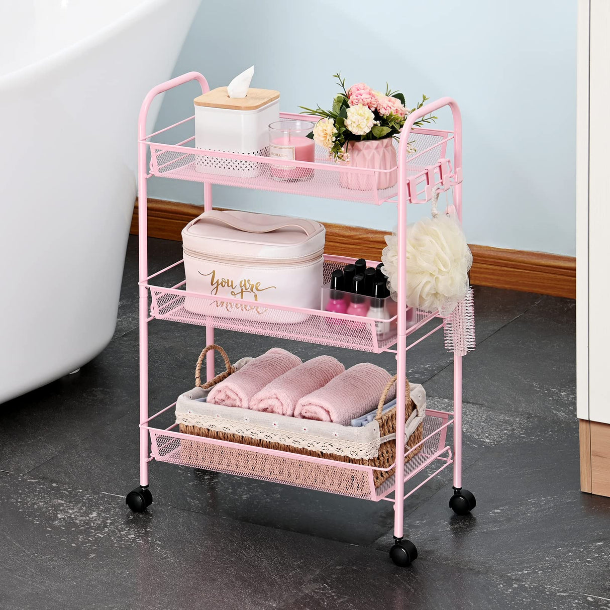 TOOLF 3-Tier Metal Rolling Cart, Mesh Wire Easy Assemble Utility Cart, Storage Trolley on Wheels with 3 Hooks, MetalStorage Shelving Units for Kitchen Bathroom Laundry Room TOOLF