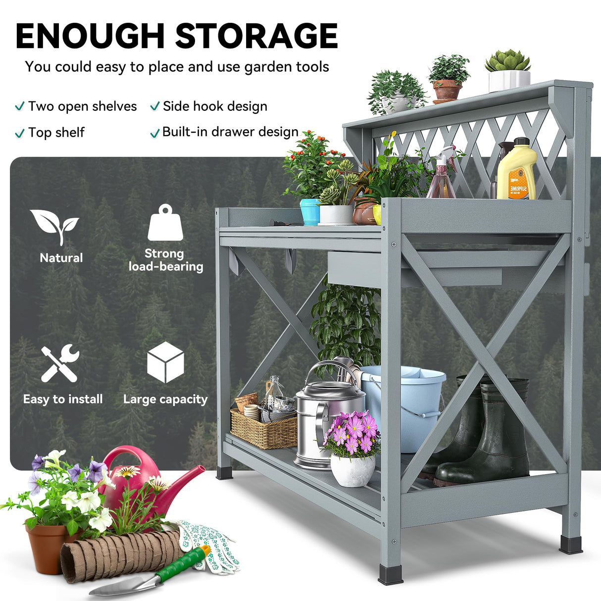 YITAHOME Potting Bench Table, Outdoor Garden Work Bench Station Table w/Drawer, Open Shelf, Hook, PVC Waterproof Mat (Grey) YITAHOME