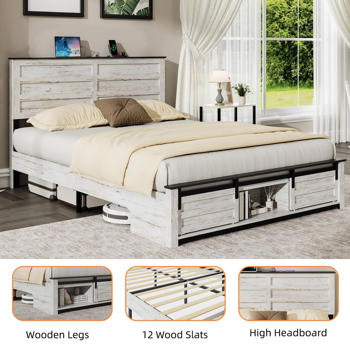 Wooden Full Size Bed Frame with Headboard – Boho White Rustic Farmhouse Storage Platform Bed with Charging Station & Sliding Barn Door Footboard, No Box Spring Needed, Noise-Free, Solid Wood Slats QNICE