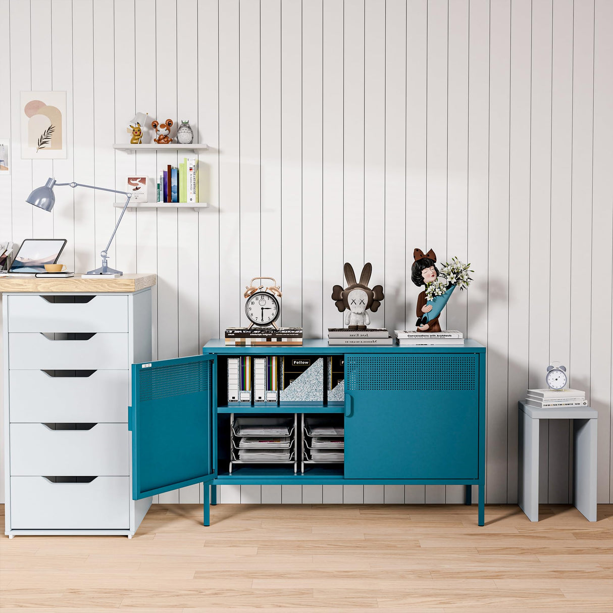 Washsemba 2 Door Storage Sideboard, Metal Storage Cabinet with 2 Adjustable Shelf,Multipurpose Metal Accent Cabinet for Office Home,Music Studio (Peacock Blue, 25''H) Washsemba