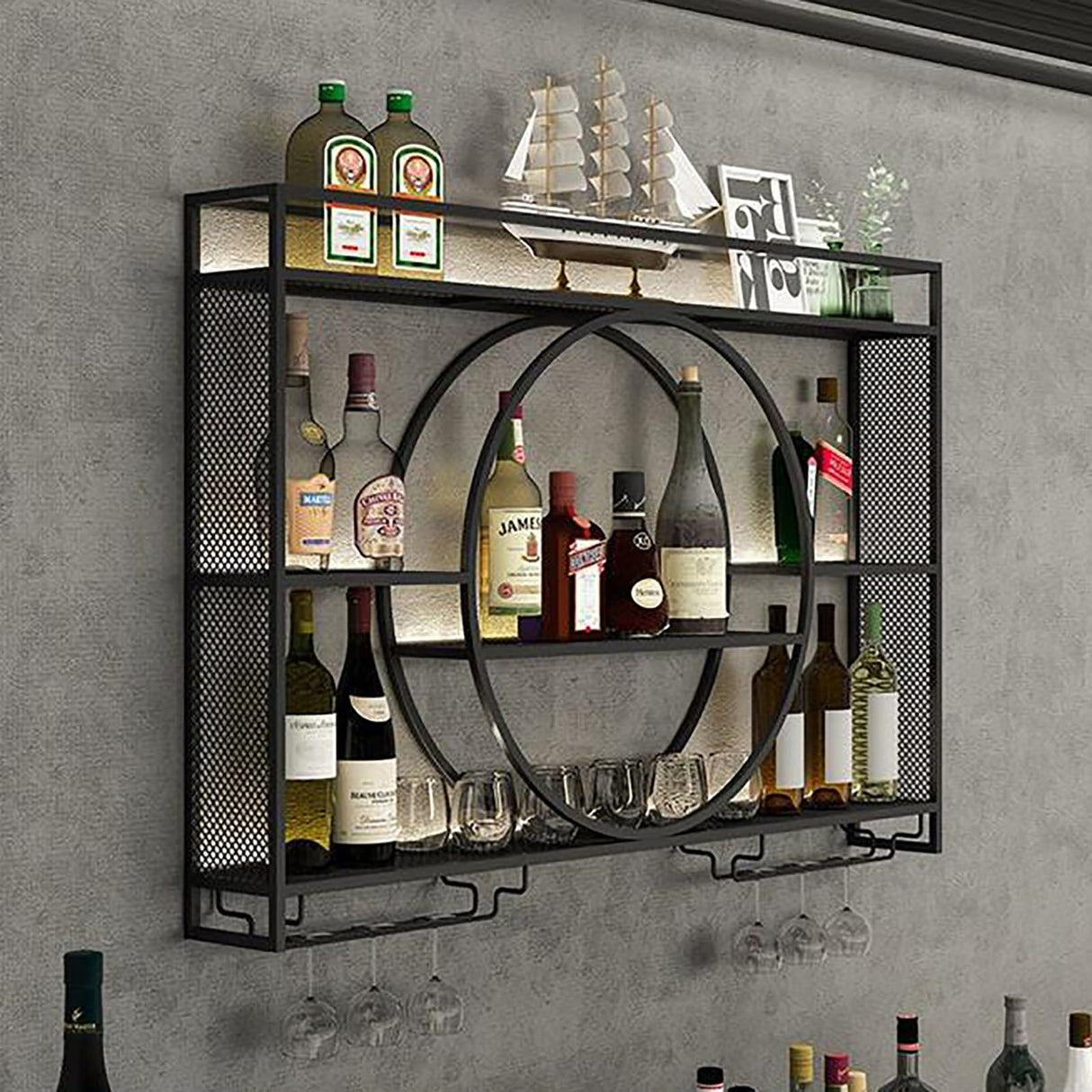 Wall Mounted Led Wine Rack Wine Glass Rack, Bar Unit Metal Floating Shelves, Bar Bottle Display Shelf Wine Cups Hanging Holder, Hanging Goblet For Liquor Bottles, For Kitchen Living Room Home Decor Qxgylz