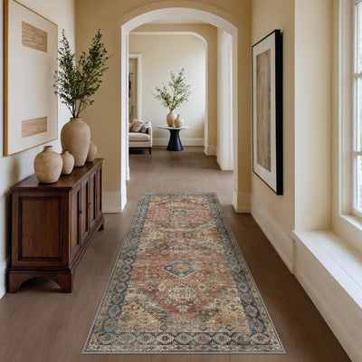 GENIMO 2X5 Machine Washable Non Slip Runner Rugs for Hallway Corridor, Thin Indoor Chenille Rug, Vintage Boho Aesthetic Carpet for Laundry Room Dining Room Kitchen Entryway Floor, Red