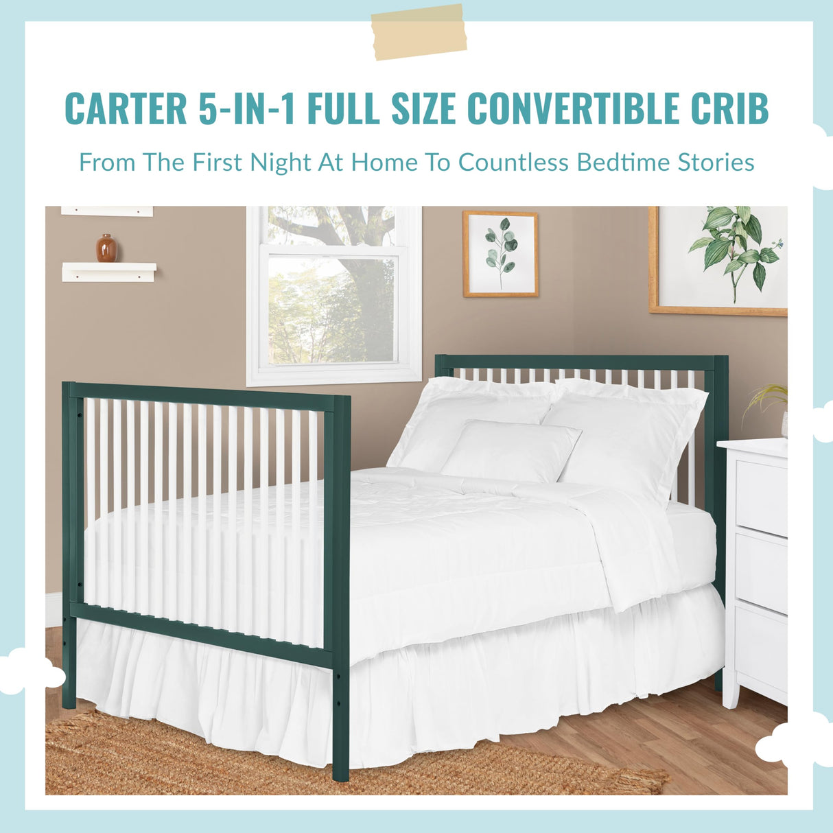 Dream On Me Carter 5-in-1 Full Size Convertible Crib / 3 Mattress Height Settings/JPMA Certified/Made of New Zealand Pinewood/Sturdy Crib Design, Olive & White Dream On Me