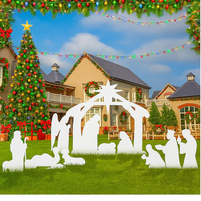 Anglechic 16 Pcs Large Christmas Outdoor Nativity Scene Set with Lumen Light White Weatherproof Holy Family Outdoor Decorations Nativity Set Lawn Signs for Xmas Holiday Yard Home Decorations