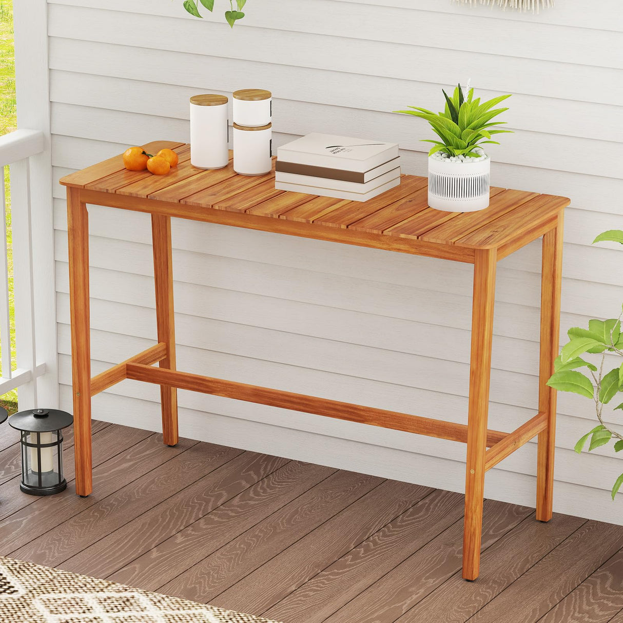 Tangkula Patio Bar Table, 54” x 22” Acacia Wood Counter Height Table with Slatted Tabletop & Footrest Crossbar, Rectangle High Top Table for Backyard, Poolside, Balcony Tangkula