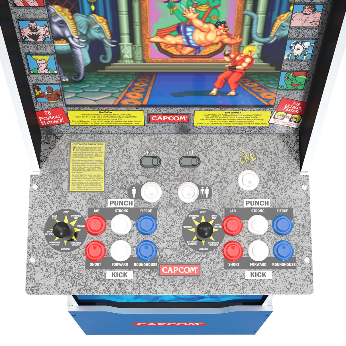 Arcade1Up Street Fighter II Champion Edition Big Blue Cabinet Style Arcade Machine w/ 12 Games, Coinless Operation, Light-Up Marquee, WiFi, and Stool ARCADE1UP