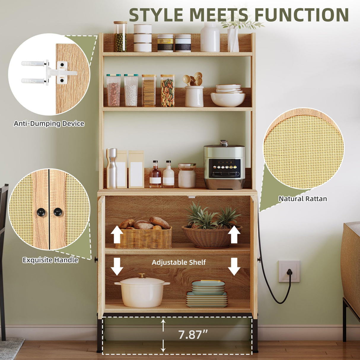 YITAHOME Bakers Rack with Storage and Power Outlet, 5 Tiers Woven Rattan Kitchen Microwave Stand Cabinet, Farmhouse Coffee Bar Station with Hutch Shelves, Oak YITAHOME