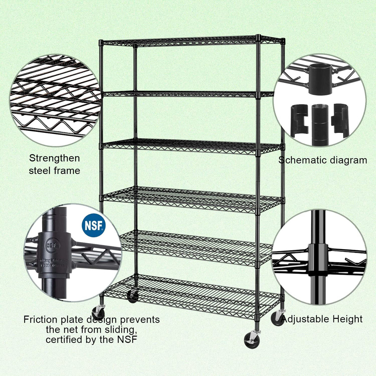 Storage shelves, 6-Tier Wire Shelving Unit NSF Certified Storage Rack 18"D x 48"W x 78"H 6000Lbs Capacity Adjustable Layer Heavy Duty Metal Rack Steel with Casters for Kitchen Garage Pantry Black Dopinmin