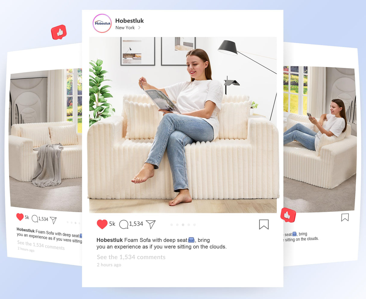 Hobestluk Couch Sofa 2-Seater Foam Sofa Loveseat for Small Spaces Comfy Sofas with Removable Cover Furry Couch with Pillows for Living Room, Bedroom, Apartment, Office (White, Loveseat) Hobestluk