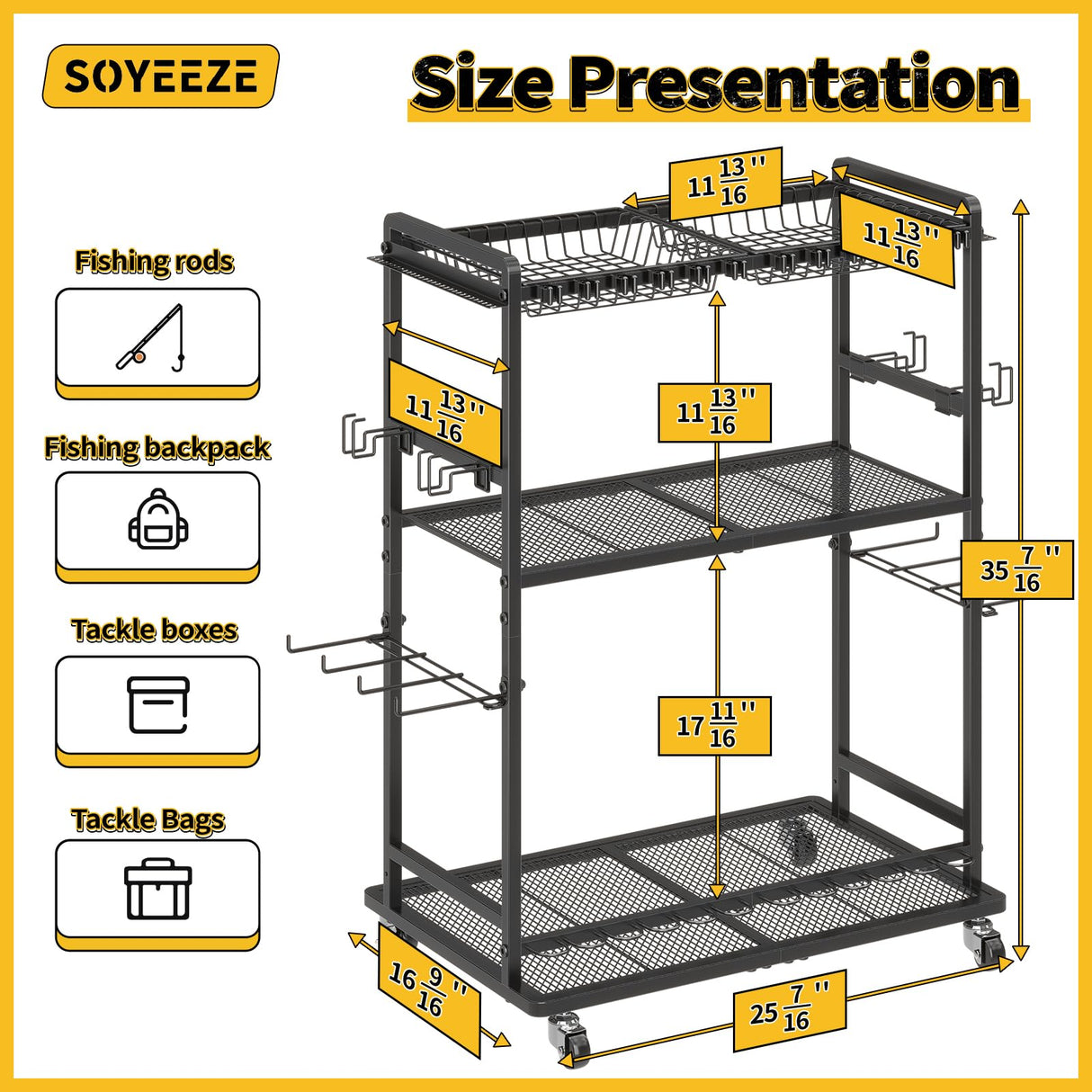 SOYEEZE Large Size Fishing Rod Holders for Garage, Heavy Duty 3-Tier Fishing Pole Rack Holds Up to 12 Rods, Fishing Gear Organizer with 2 Metal Baskets, Fishing Storage Cart with Lockable Wheels SOYEEZE