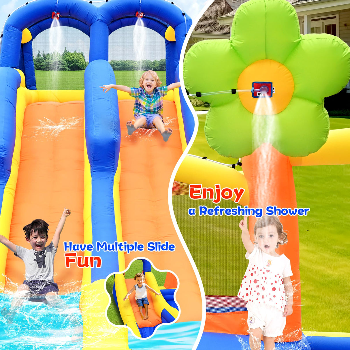 WELLFUNTIME Inflatable Water 3 Slides Park with Blower, Inflatable Bounce House with Climbing Wall, Water Cannon, Dartboard, Flower Sprayer and Deep Pool WELLFUNTIME
