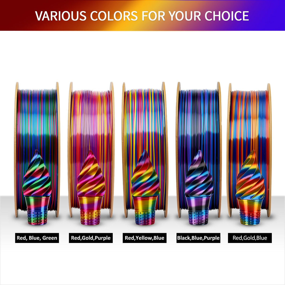 ERYONE Silk Twist Rainbow 3D Printer PLA Filament 1.75 +/-0.03mm, Shiny Multicolor Filament PLA 1KG(2.2LBS), Psychedelic (Red Yellow Blue) ERYONE