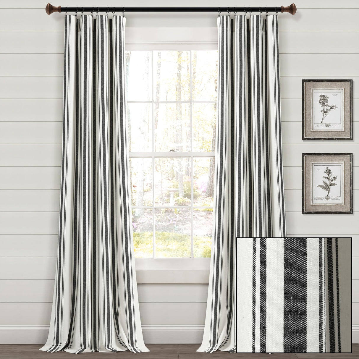 Lush Decor Farmhouse Stripe Yarn Dyed Cotton Window Curtain Panel Pair, 42" W x 84" L, Black - Classic Modern Rustic Charm - Eco Friendly Cotton Fabric Lush Decor