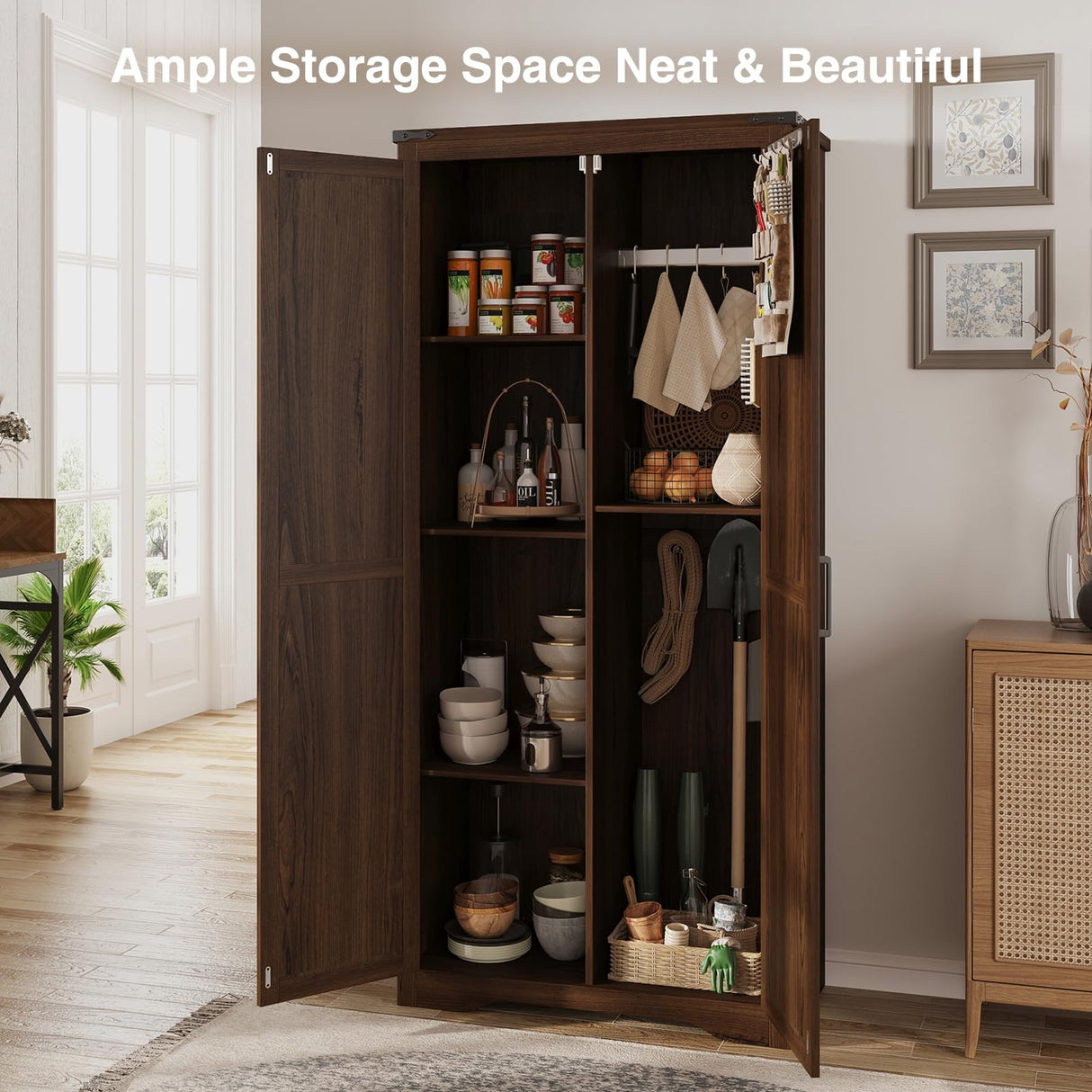 Befrases 72" H Farmhouse Storage Cabinet with Adjustable Shelves, Large Pantry Organize with 2 Barn Doors, Tall Freestanding Cabinet for Kitchen, Bathroom/Garage/Basement/Living/Utility Room, Brown Befrases