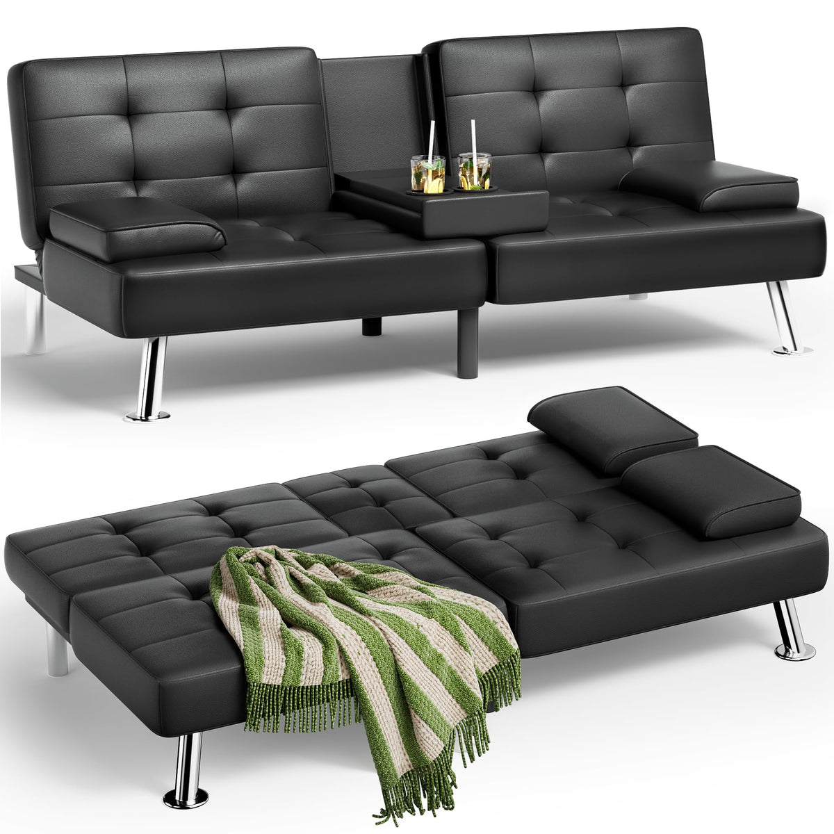 JUMMICO Faux Leather Futon Sofa Bed Futon Couch with Removable Armrest ...