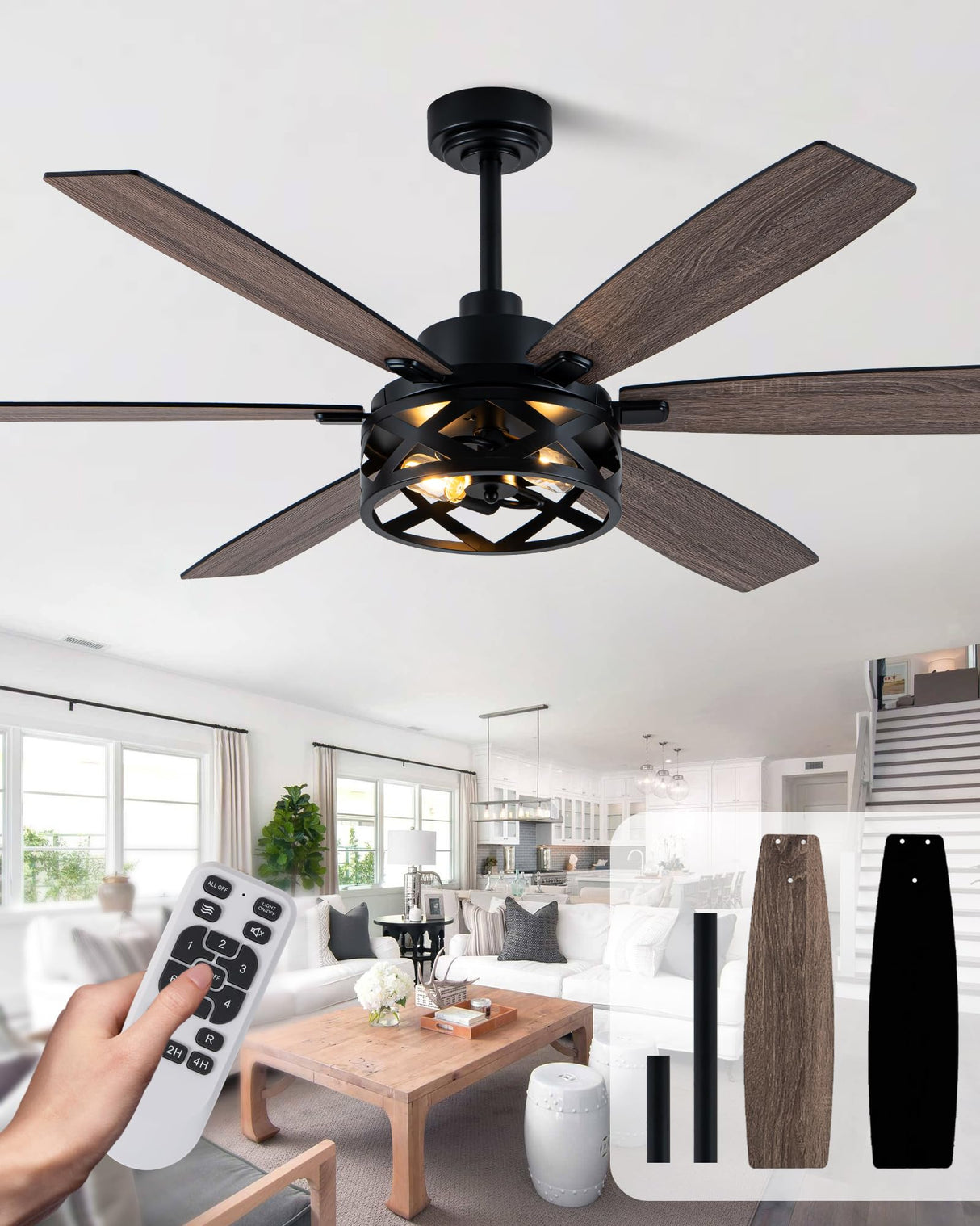 Curve Curio 60 Inch Farmhouse Ceiling Fan with Light Black Rustic Ceiling Fan Reversible DC Motor Caged Chandelier Fan for Living Room Bedroom Curve Curio