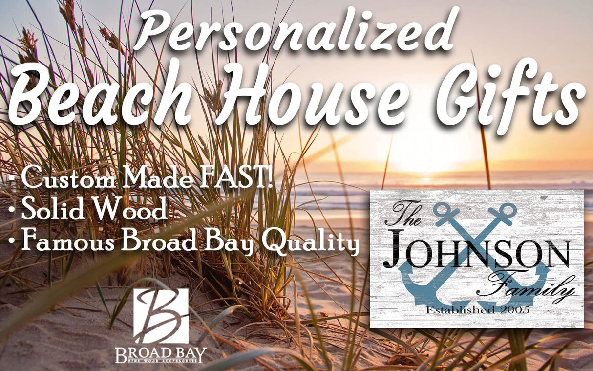 CUSTOM Beach House Sign or Lake Home Sign - Name and Established Date - Solid Wood - 16.5in x 10.5in (Anchor Slate Blue) Broad Bay