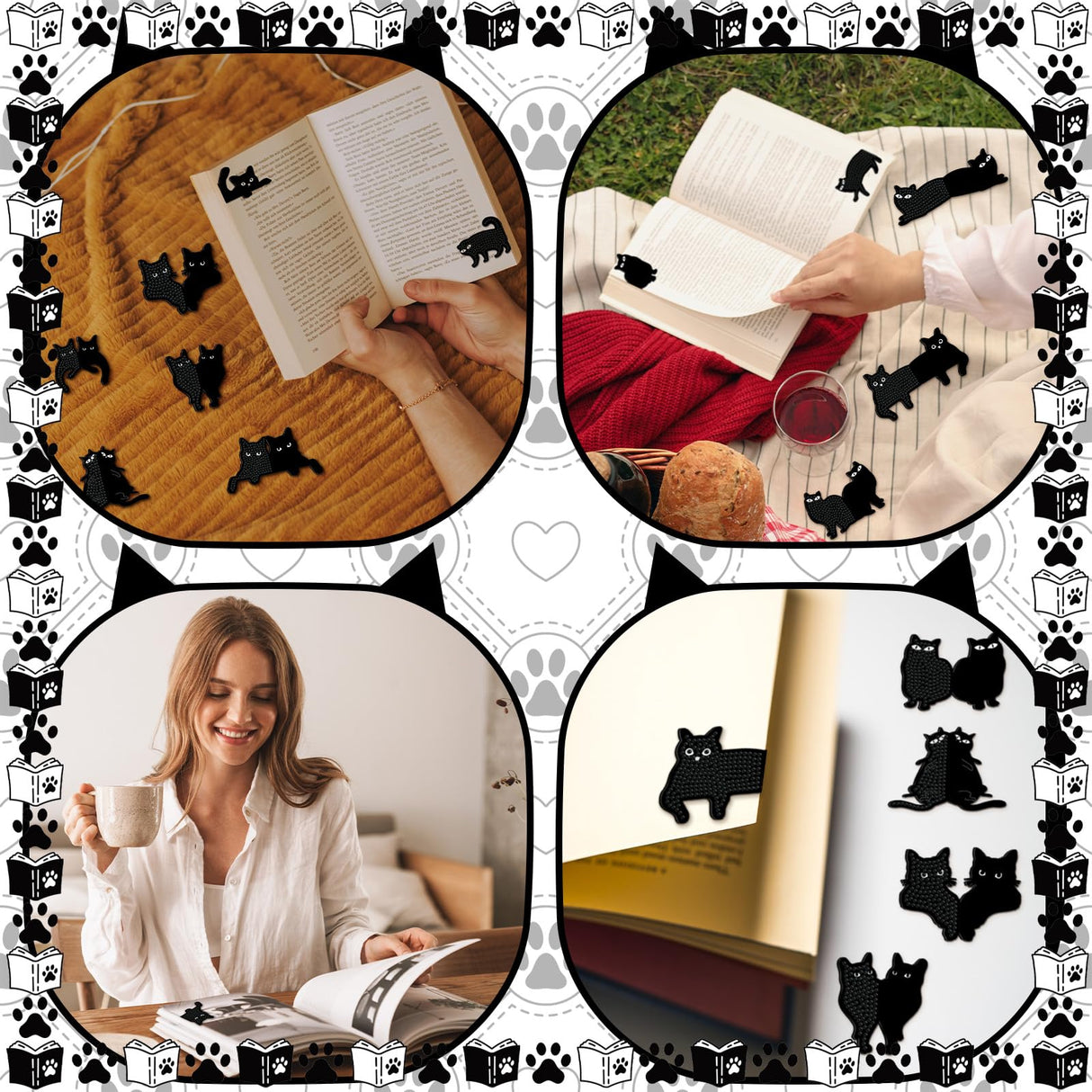 Saillong 12 Pcs Black Cat Diamond Painting Bookmark Cute Cat Diamond Art Kits for Aldults Animal Magnetic Bookmark 5D Rhinestone Magnetic Book Page Clips for Reading Lover Gifts Office Home DIY Crafts Saillong