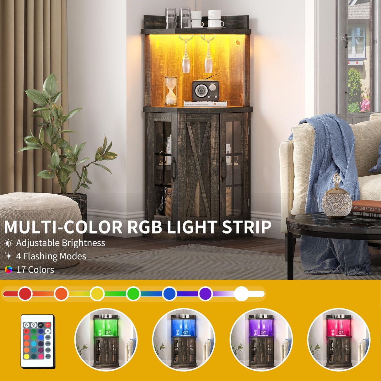 DWVO 53" Corner Bar Cabinet with Glass Door & LED Lights, Farmhouse Wine Cabinet with Glass Holder, 4-Tiers Liquor Cabinet Bar for Home Kitchen, Dining Room, Living Room, Dark Rustic Oak DWVO