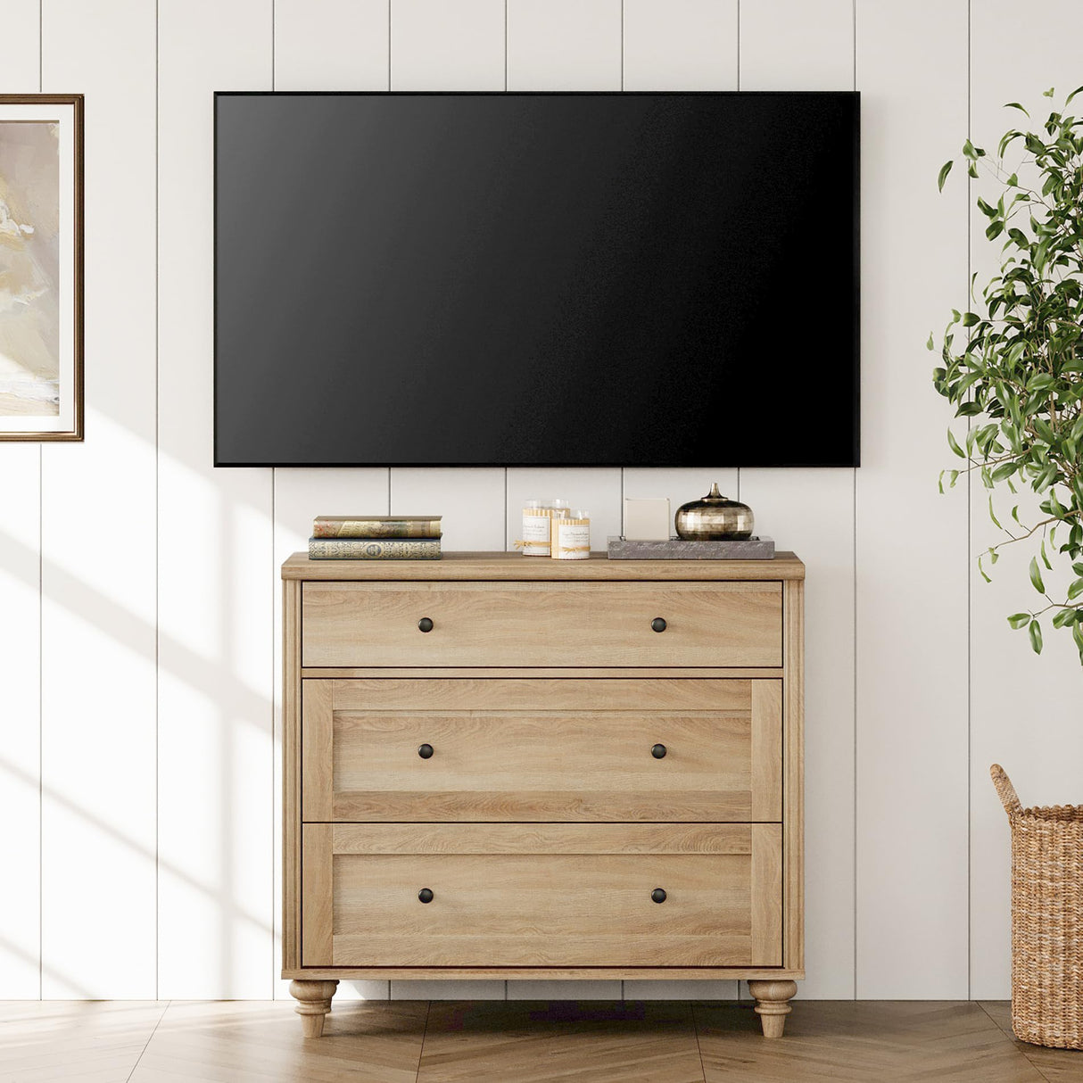 WAMPAT Dresser for Bedroom with 3 Drawers, Oak Kids Dressers with Wide Chest of Drawers, Mid Century Modern Wooden Closet Storage Organizer, Small Dressers for Nursery, Hallway, Living Room WAMPAT