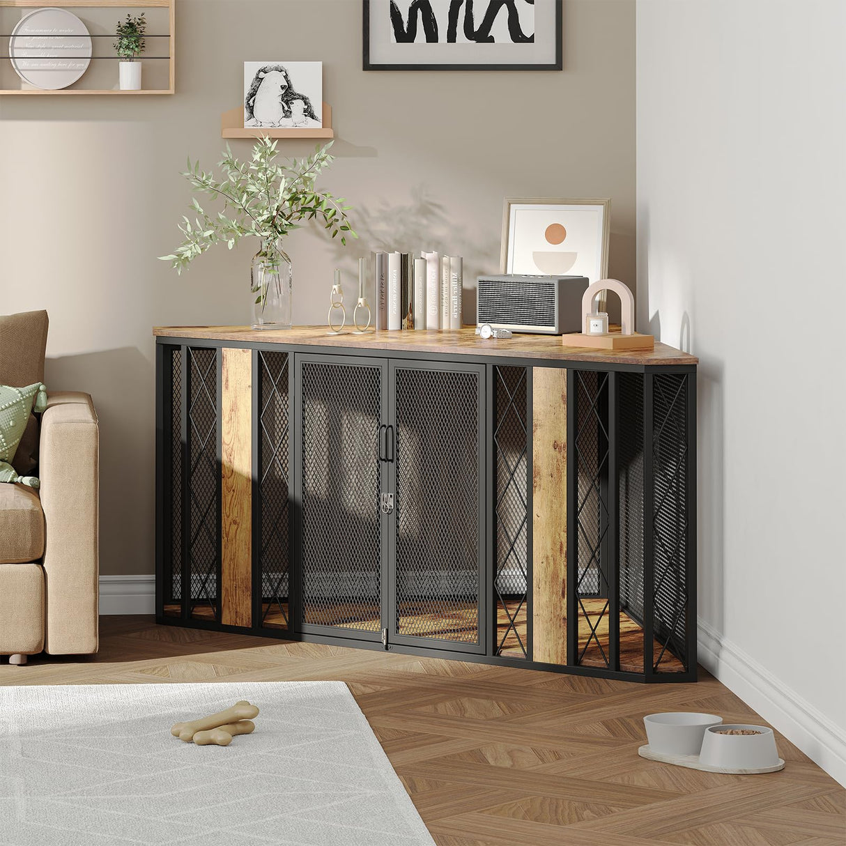 πππͺπππ¨π’ 67" Corner Dog Crate Furniture for Large Breed, Large Wooden Dog Kennel Furniture with 2 Doors, Decorative Dog Crate, Dog Kennel Tv Stand End Table Saudism