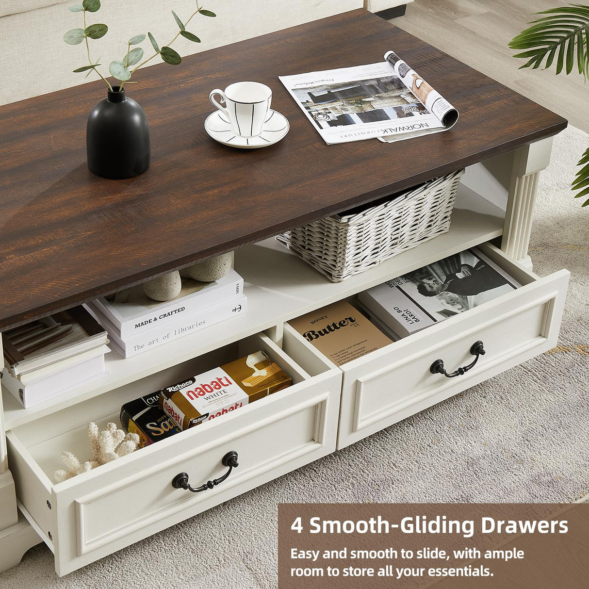 Minifeel 48'' Wood Coffee Table for Living Room, Farmhouse Coffee Table with Storage, Rustic Center Table for Living Room with 4 Drawers, Farmhouse & Industrial Cocktail Table for Home Minifeel