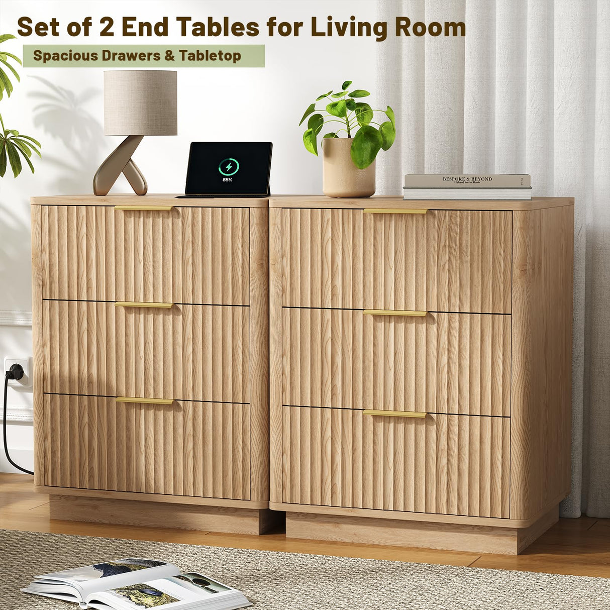 Rovaurx 21.7" Wide Fluted Nightstand with Charging Station, Mid Century Bedside Table with 3 Drawers, Oversized End Table for Bedroom, Curved Profile Design, Natural RCTG115ME Rovaurx