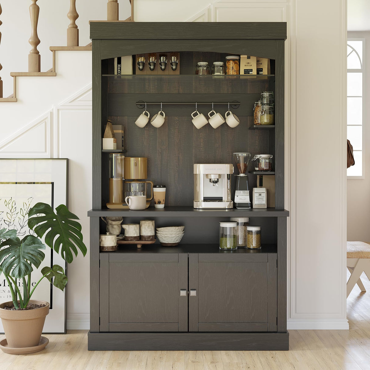 CABIHOME Farmhouse Coffee Bar Cabinet with Storage LED Buffet Cabinet 72" Coffee Hutch Cabinet Large Kitchen Sideboard with Wine Rack/Glass Shelf for Kitchen, Dining Room, Living Room (Black) CABIHOME