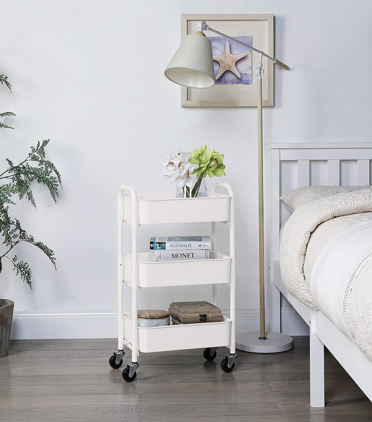 SunnyPoint 3-Tier Delicate Compact Rolling Metal Storage Organizer - Mobile Utility Cart Kitchen/Under Desk Cart with Caster Wheels (WHT, Compact (15.5" X 26.8" X 10.27")) SunnyPoint