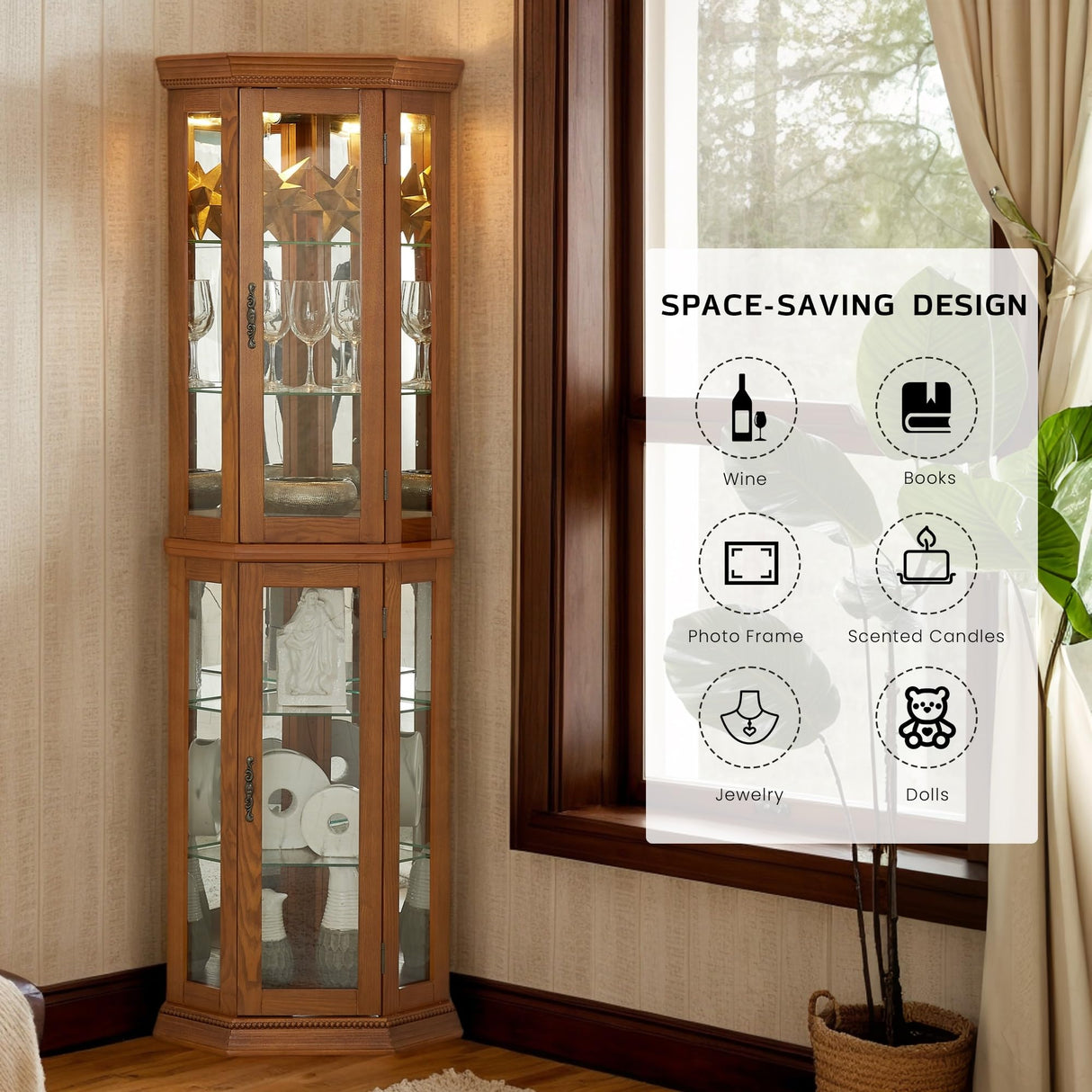 Eyisean Lighted Corner Curio Cabinet 70" Glass Display Cage with 6 Tempered Adjustable Shelves, Freestanding Home Bar Cabinet with Door, Rack for Liquor Storage and Living Room (Oak) Eyisean