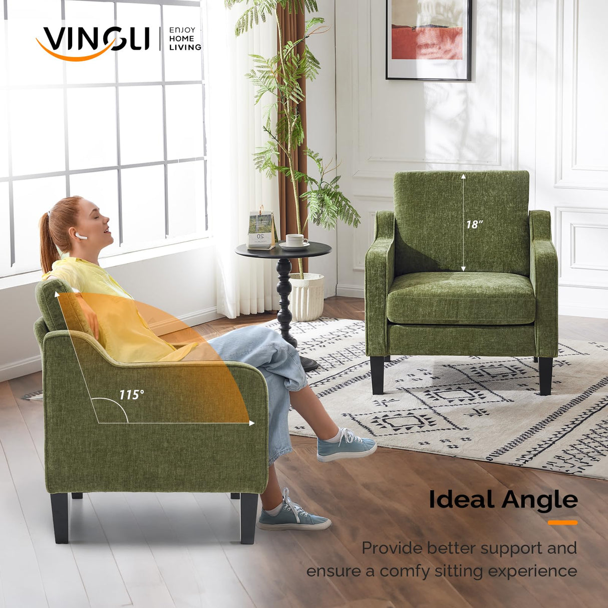 VINGLI Accent Chair for Living Room Chairs Olive Green Reading Chair for Bedroom Scooped Arm Chair Mid Century Modern Accent Chairs Upholstered Comfy Chair for Apartment, Waiting Room VINGLI