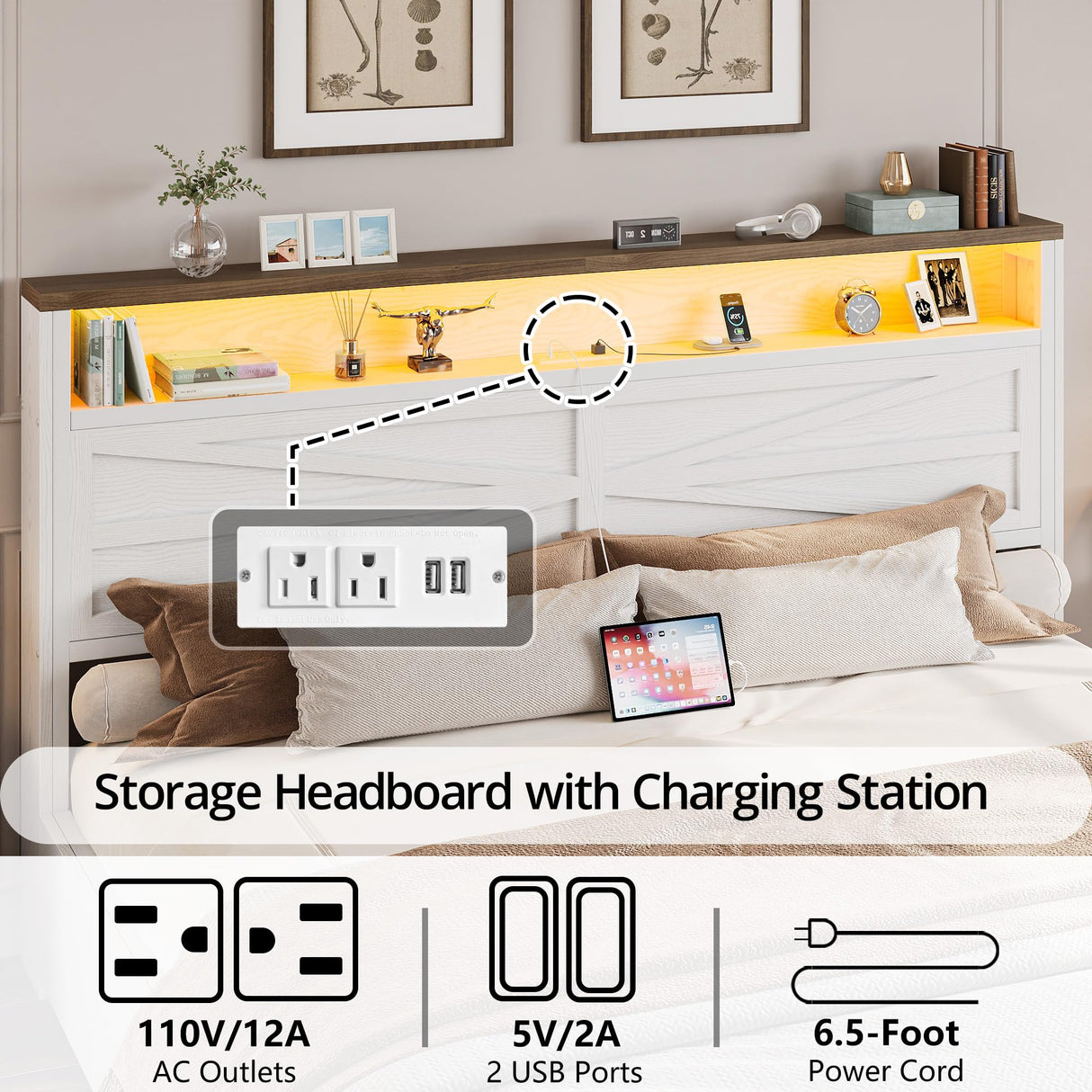 IRONCK Farmhouse King Size Bed Frame with LED Light and Charging Station, Wood Bed Frame with Storage Headboard and 2 Drawers, Barn Door Design, Sturdy and Noiseless, White IRONCK