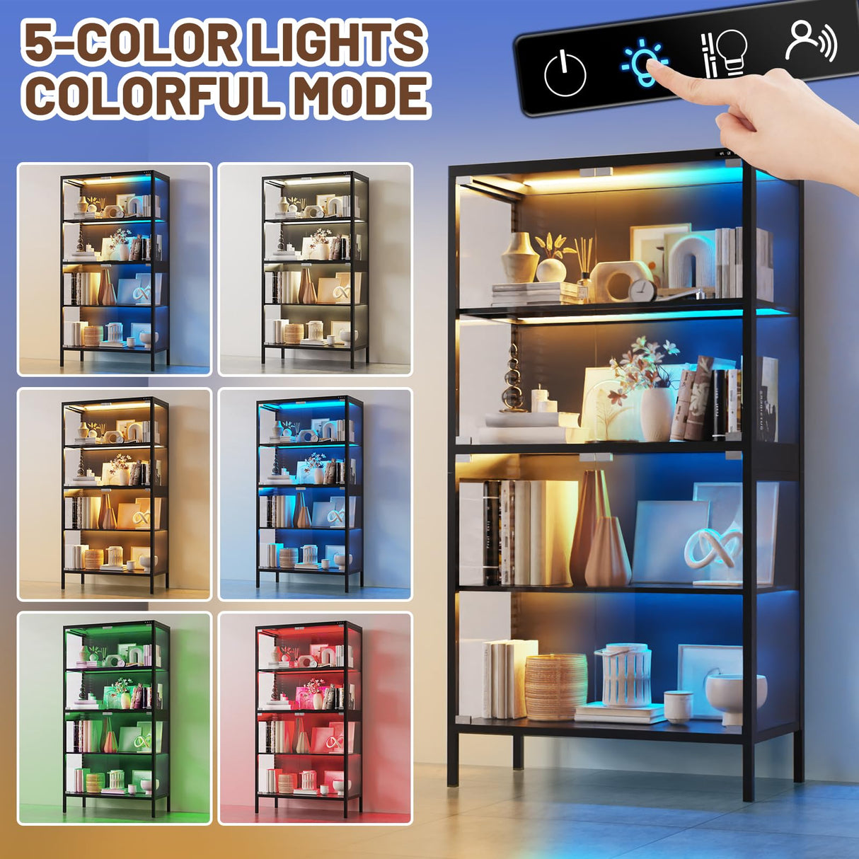 XCXVVB Display Cabinet,Display Case with Glass Doors,4-Tier Curio Cabinet with 5 Color LED Hights,Heavy Duty Free-Standing Bookcase for Exhibition Hall,Living Room XCXVVB