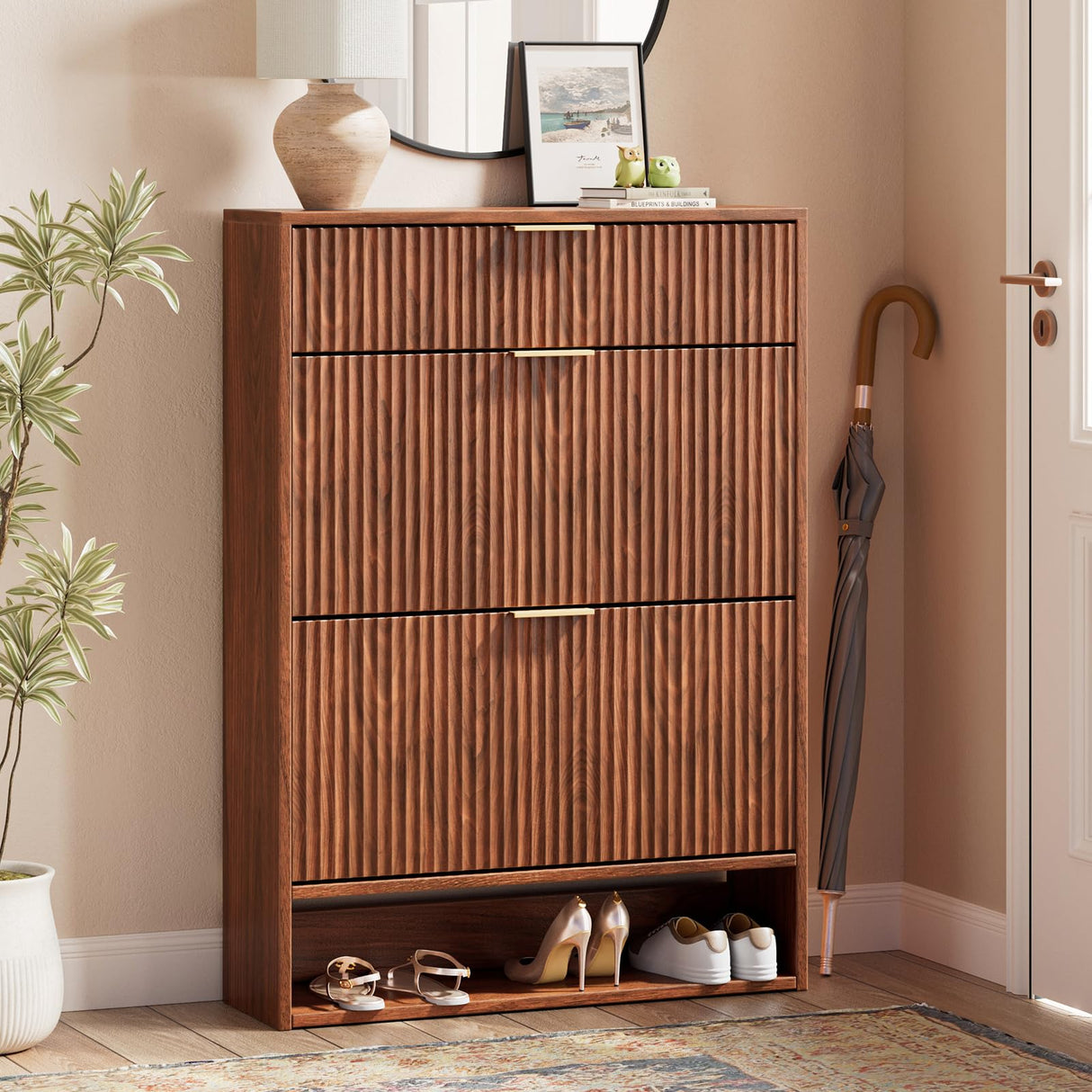 Evermagin 31.5''W Walnut Shoe Cabinet Storage with Drawer for Entryway, Fluted Slim Shoe Dresser with 2 Flip Drawers, Narrow Shoe Rack Cabinet, Hidden Shoe Organizer Cabinet for Entrance, Hallway Evermagin