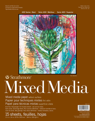 Strathmore 462-111 400 Series Mixed Media Pad, 11"x14" Glue Bound, 15 Sheets , White