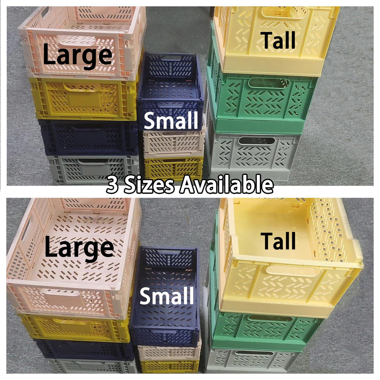 Domiella 2-Pack Crates for Storage, Storage Crates Plastic Stackable, Foldable Crate for Office Home Kitchen Bedroom Bathroom (Large, Golden Yellow) Domiella