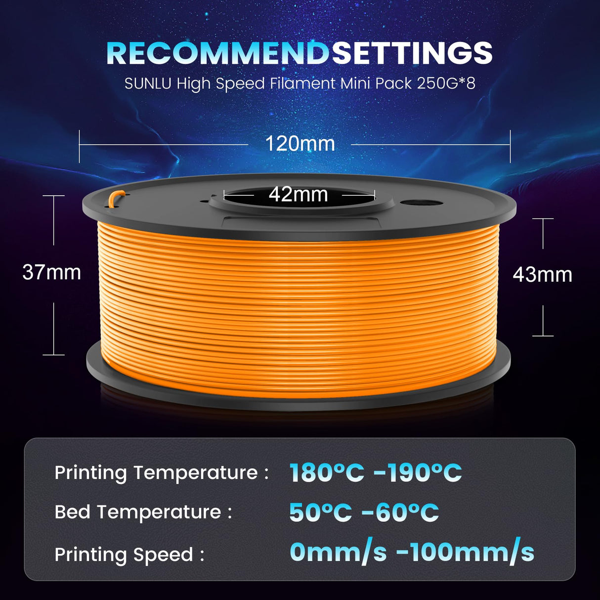 SUNLU High Speed PLA Filament Mini Pack, 30mm/s - 600mm/s Print Range, High Flow Speedy 3D Printer PLA Filament Bundle, 250g/Spool, Black+White+Green+Blue+Red+Orange+Yellow+Pink SUNLU