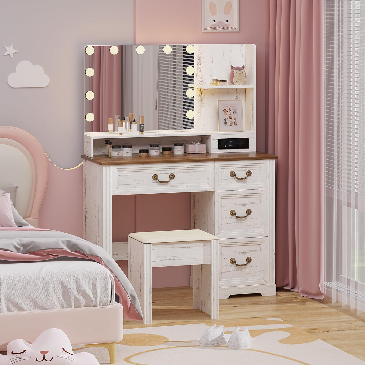 Lareth Vanity Desk 39 inch with Mirror Light and Power Outlet, Farmhouse Makeup Table Set with Stool, 3 Color Adjustable Lights Bedroom Dressing Table with 4 Drawer for Women Girls Teen, Antique White Lareth