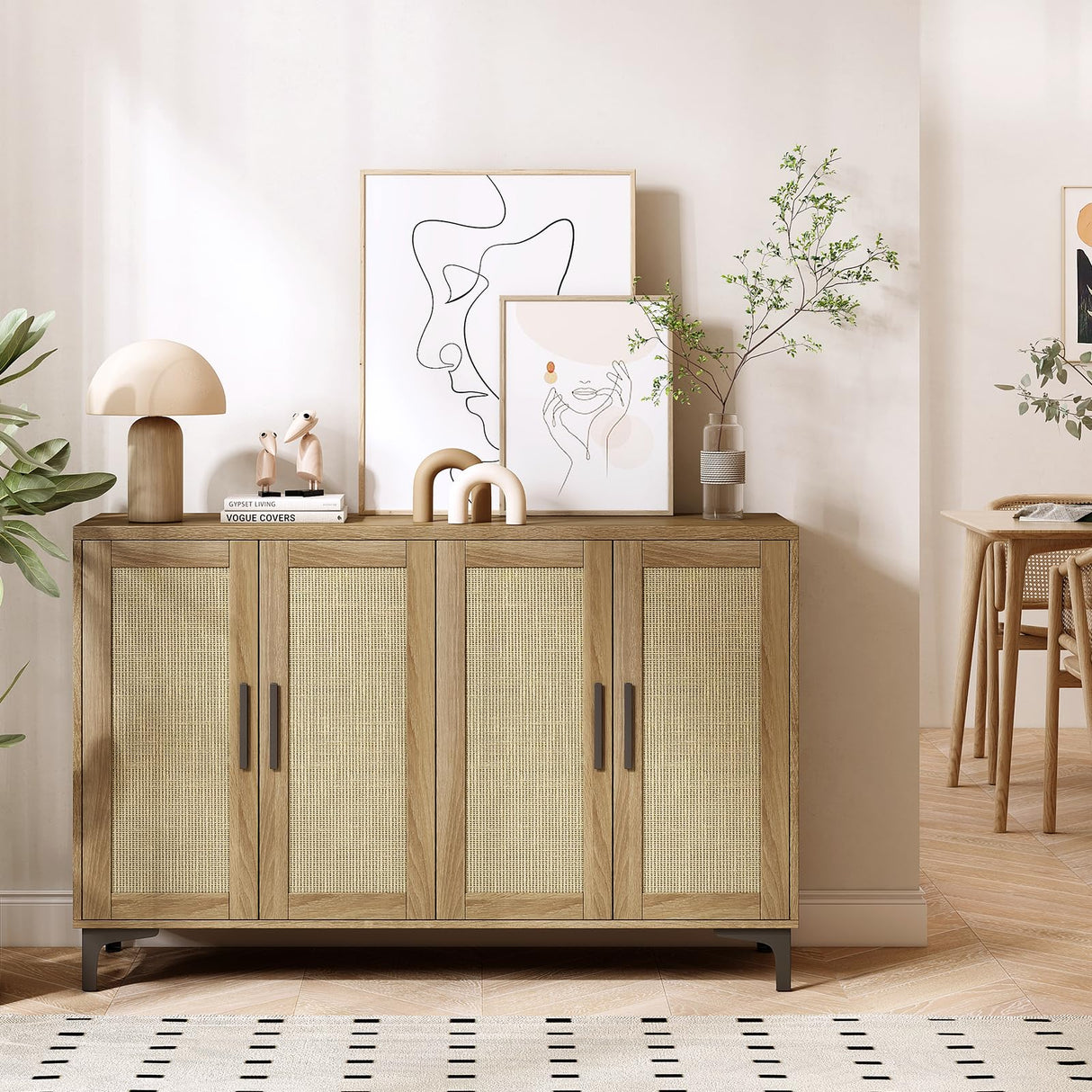 Sideboard Buffet Cabinet with Storage, Rattan Kitchen Storage Cabinet with Doors and Adjustable Shelves, Coffee Bar Cabinet, Entryway Cabinet, Rattan Sideboard Console Table for Dining Room, Natural Jheumaj