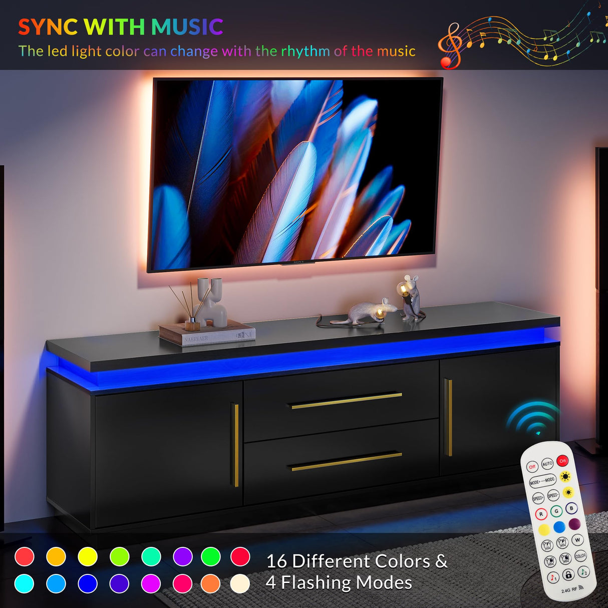 BELLEZE 67" TV Stand for TV up to 75", Modern Entertainment Center with LED Lights Change to Melody of Music, Media Console Table with Cabinets and Drawers for Living Room, Bedroom - Studio (Black) BELLEZE