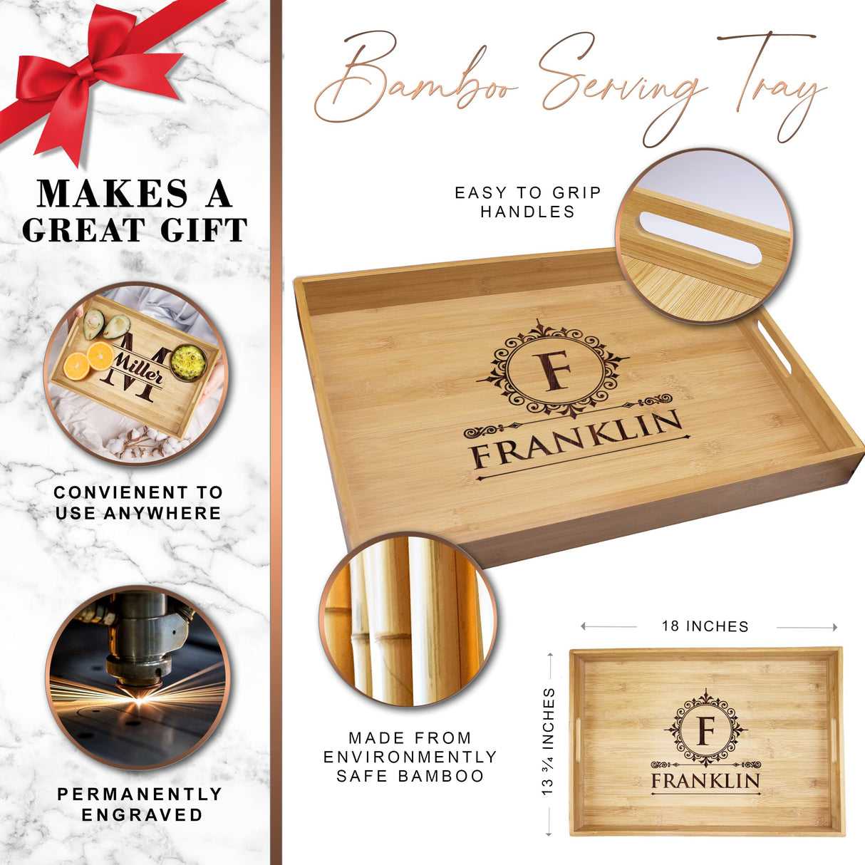 Premium Monogrammed Bamboo Wood Serving Tray with Handles - Personalized and Custom Engraved for Free The Wedding Party Store